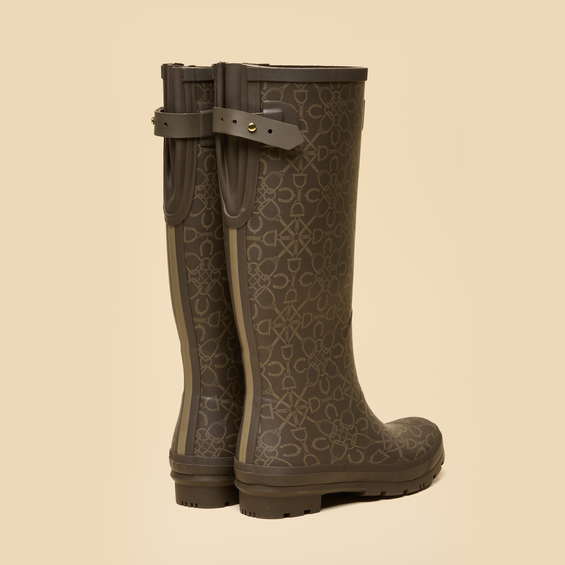 Joules WELLY PRINT Womens Wellington Boots Brown side view with intricate floral pattern and buckle detail