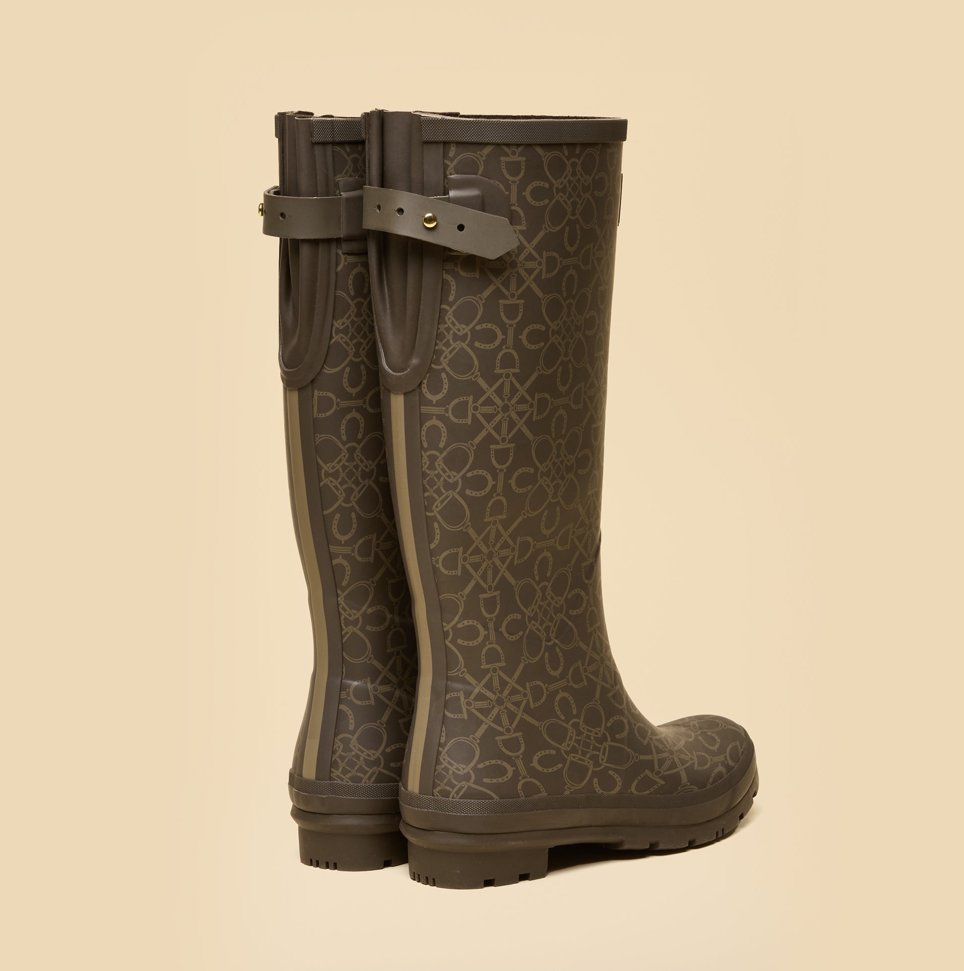 Joules WELLY PRINT Womens Wellington Boots Brown side view with intricate floral pattern and buckle detail