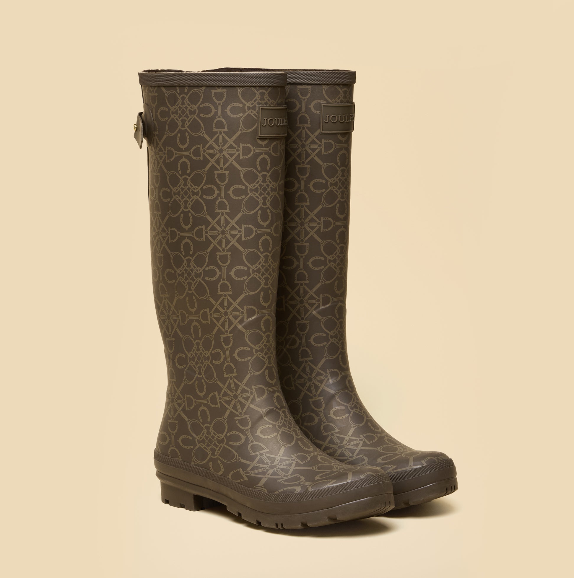 Joules WELLY PRINT Womens Wellington Boots Brown side view showcasing decorative pattern and mid-calf height.