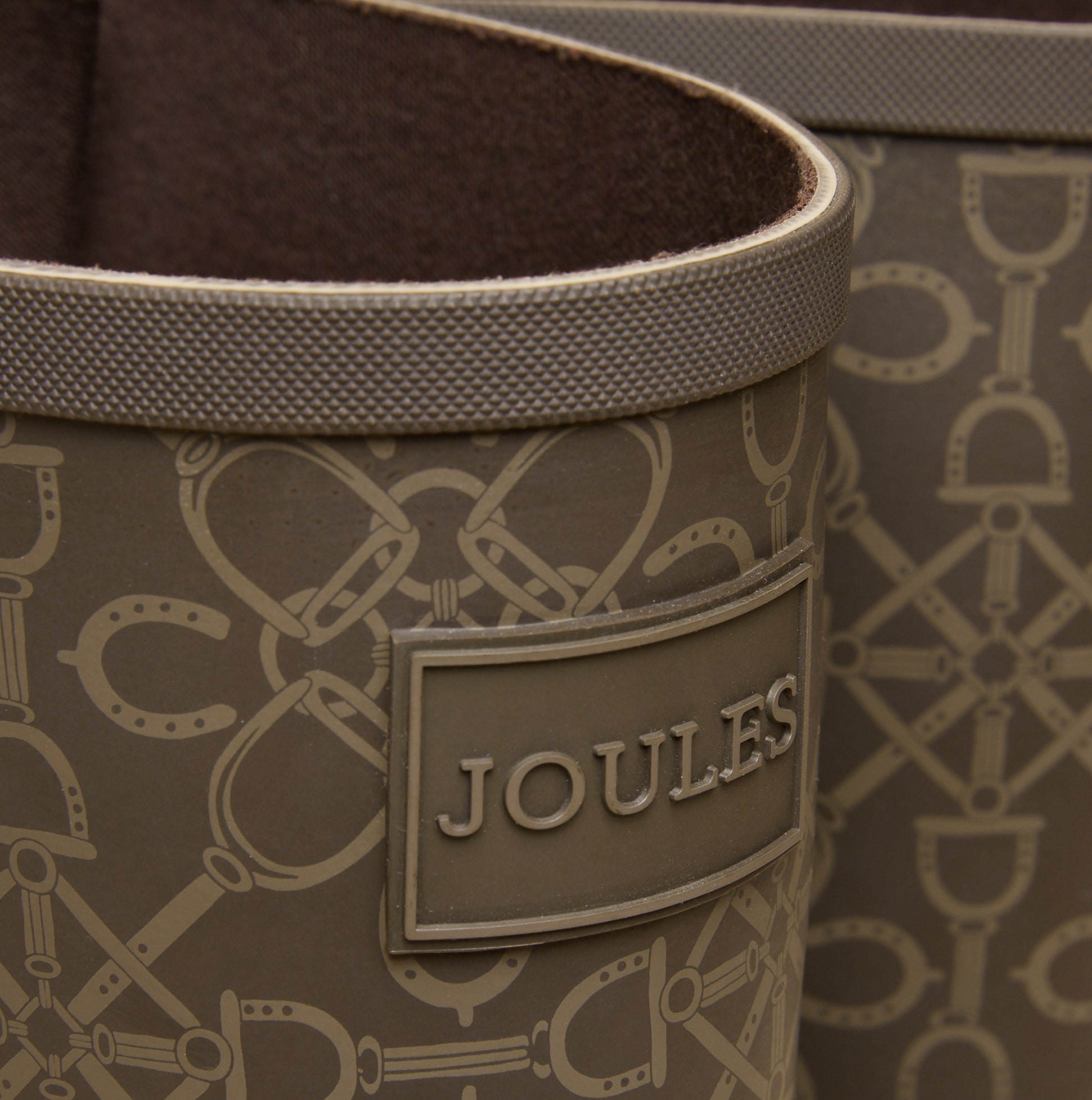 Joules WELLY PRINT Womens Wellington Boots Brown detail view showcasing the rubber upper and brand logo.
