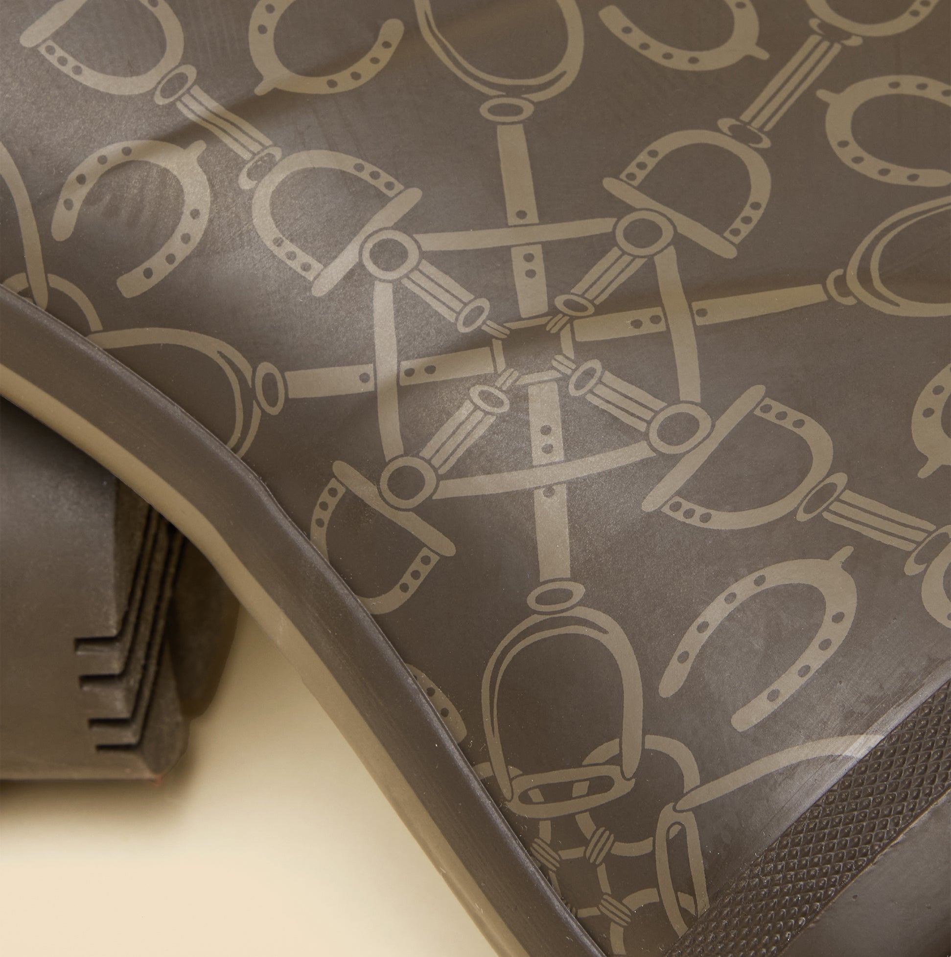 Joules WELLY PRINT Womens Wellington Boots Brown detail view showcasing stylish pattern and rubber material.