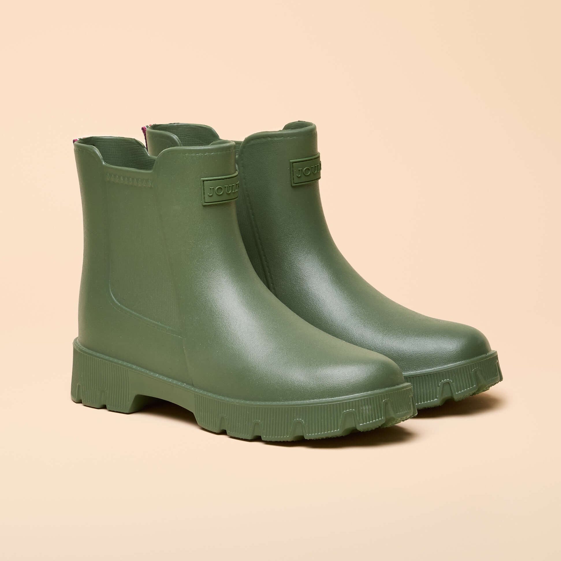 Joules RAINDANCE Lightweight Wellies Khaki Green front view showcasing the pull-on comfortable boot design.