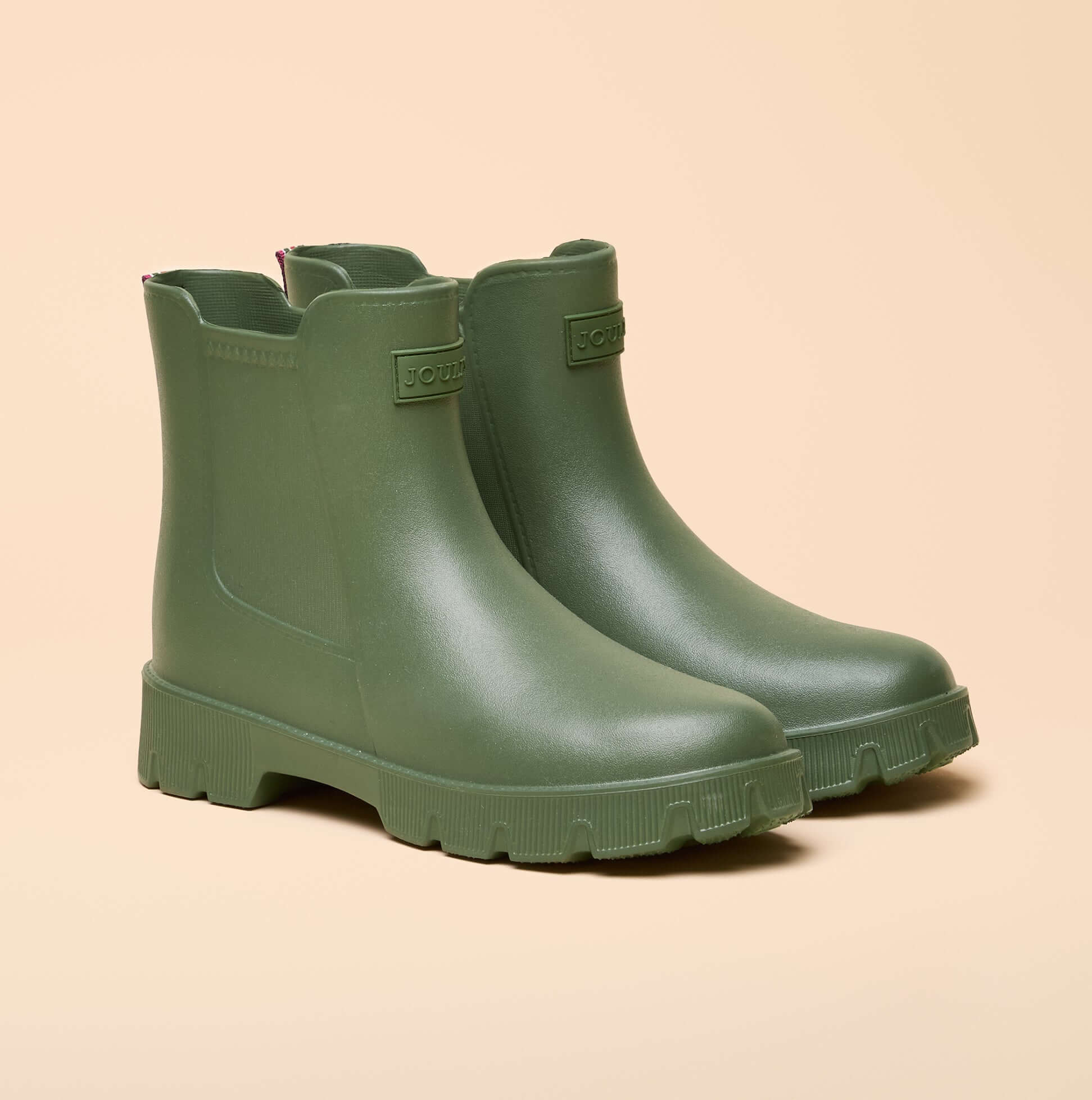 Joules RAINDANCE Lightweight Wellies Khaki Green front view showcasing the pull-on comfortable boot design.