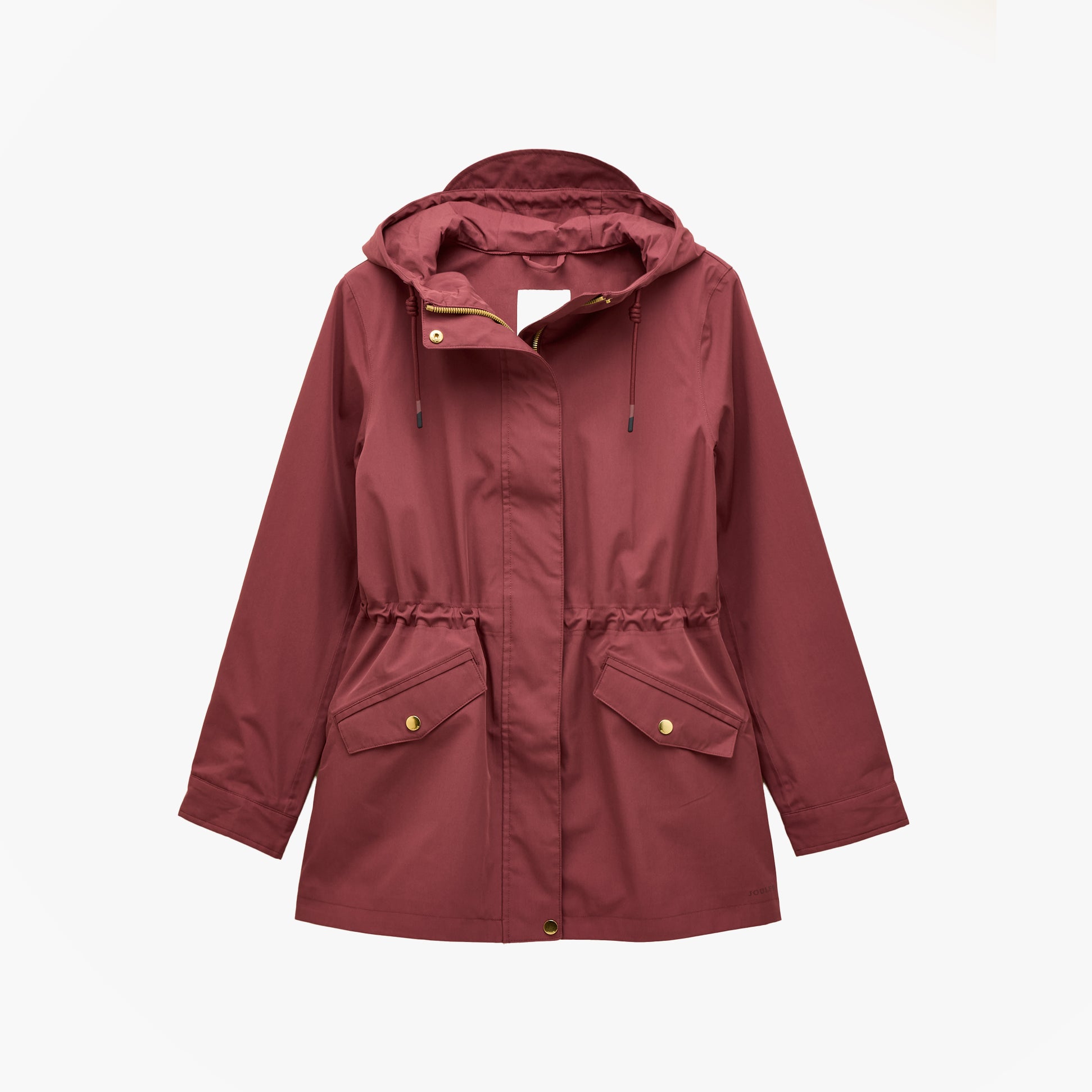 Joules PORTWELL Waterproof Hoodie Raincoat With Adjustable Waist Oxblood front view featuring hood and adjustable waist