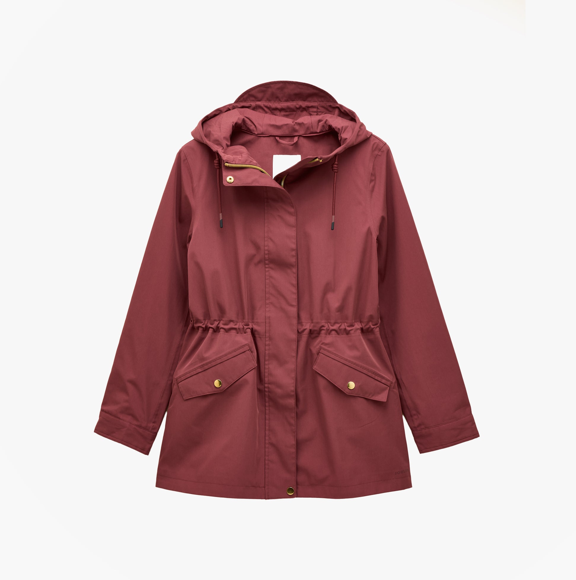 Joules PORTWELL Waterproof Hoodie Raincoat With Adjustable Waist Oxblood front view featuring hood and adjustable waist