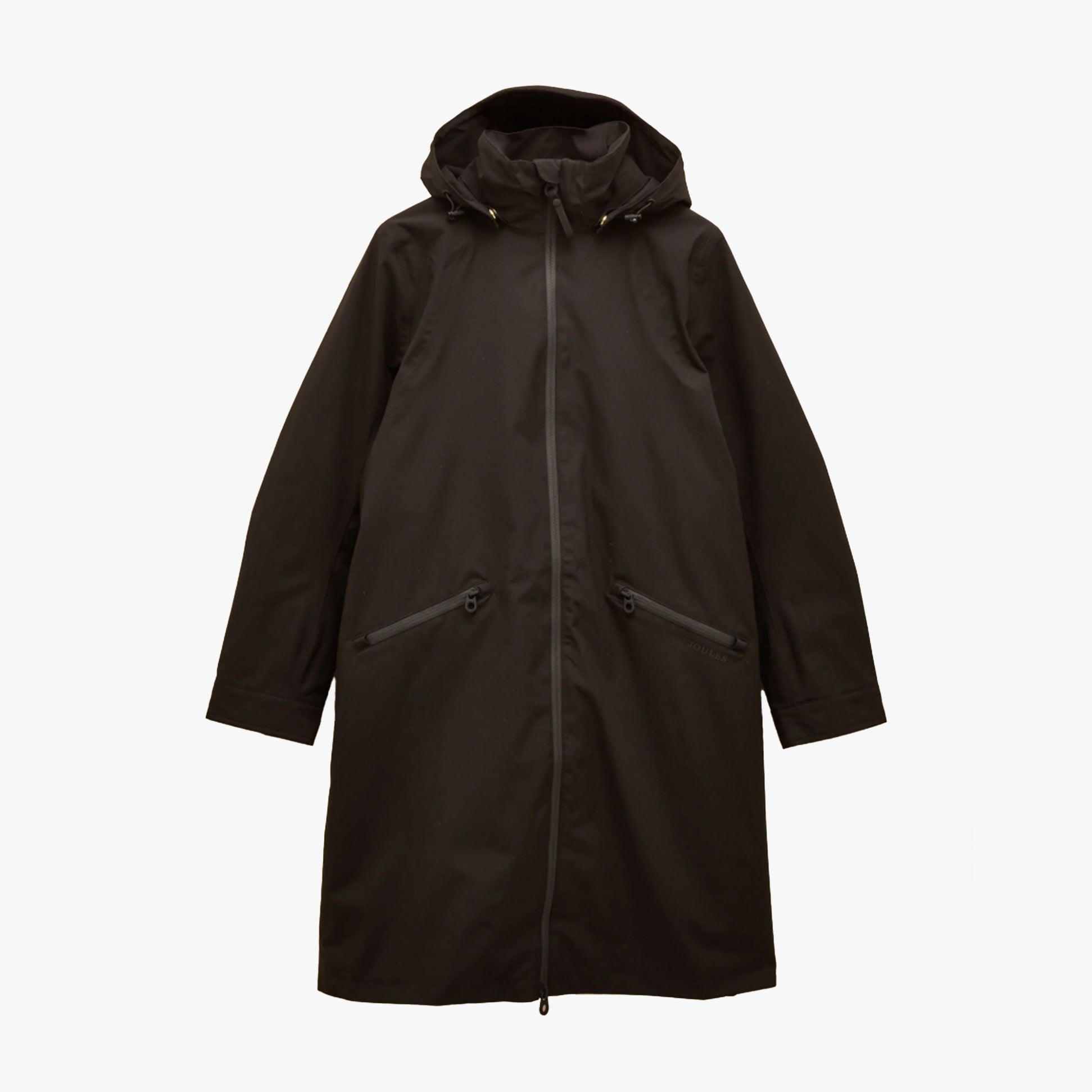 Joules RAINAWAY Womens Lightweight Waterproof Longline Raincoat with Hood Black front view, showcasing the zip closure and hood.