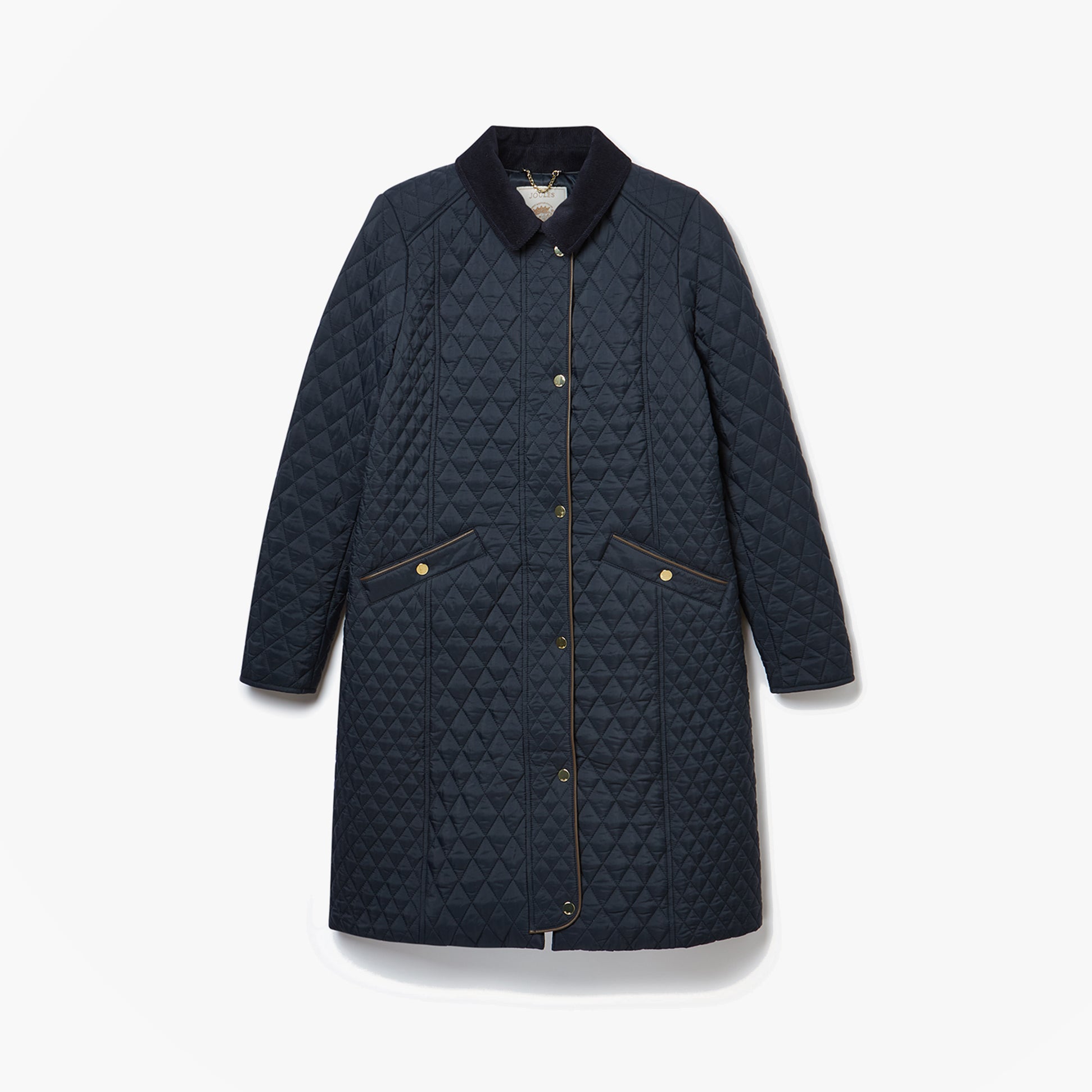 Joules ROSEWELL Longline Quilted Showerproof Coat with Collar Navy front view, 100% recycled materials, stylish and functional.