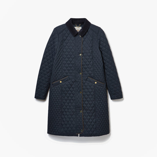 Joules ROSEWELL Longline Quilted Showerproof Coat with Collar Navy front view, 100% recycled materials, stylish and functional.