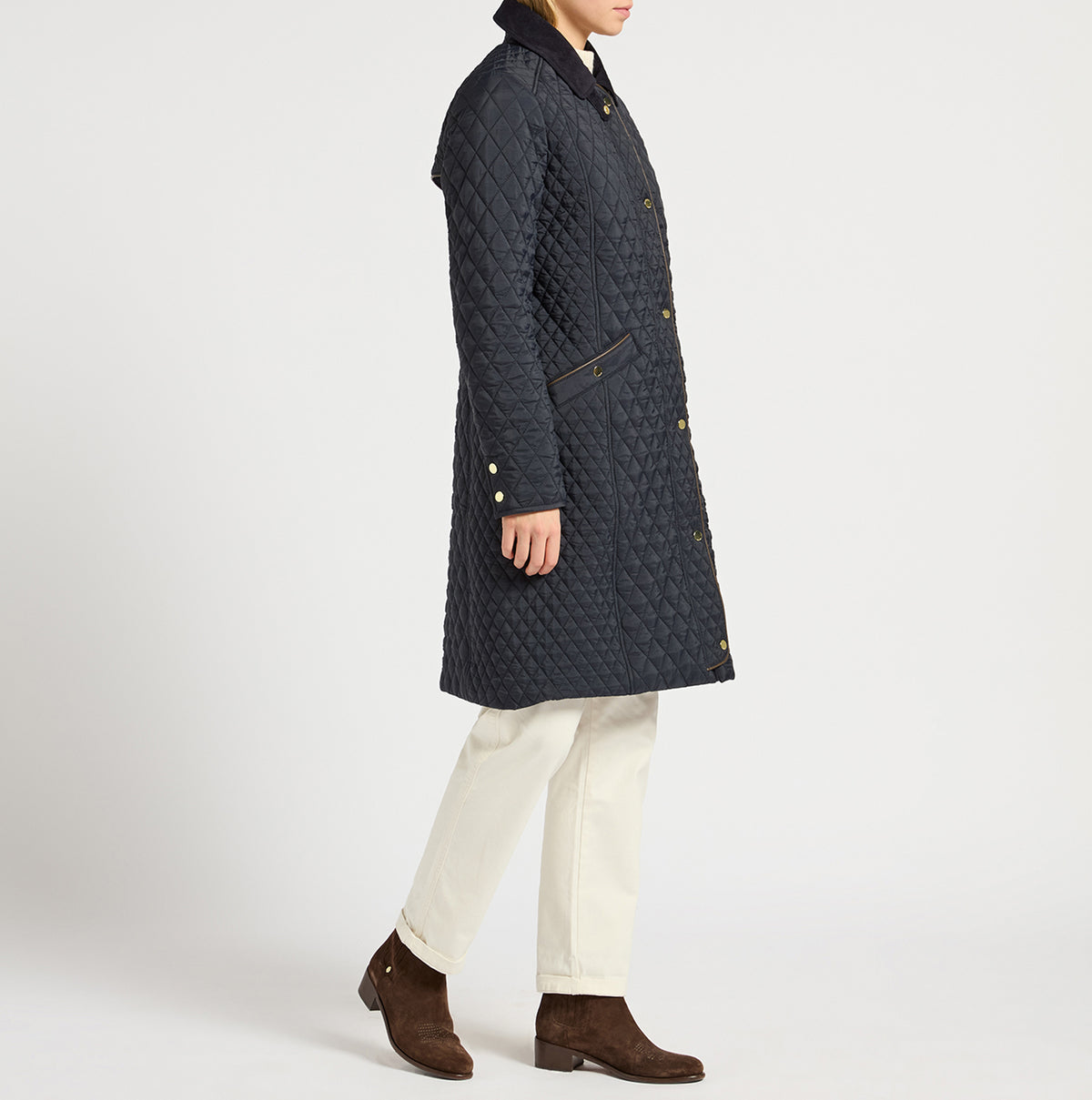 Joules ROSEWELL Longline Quilted Showerproof Coat with Collar Navy side view, showcasing the button and zip closure.