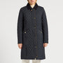 Joules ROSEWELL Longline Quilted Showerproof Coat with Collar Navy front view, featuring button and zip closure.