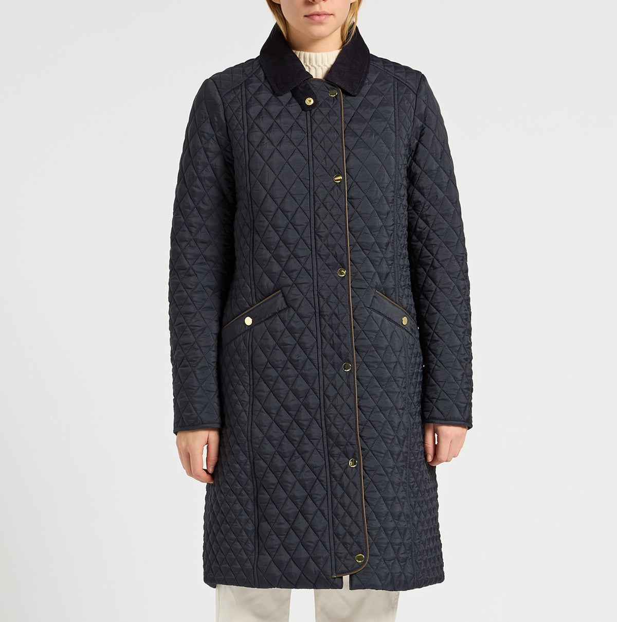 Joules ROSEWELL Longline Quilted Showerproof Coat with Collar Navy front view, featuring button and zip closure.