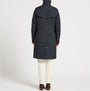 Joules ROSEWELL Longline Quilted Showerproof Coat with Collar Navy back view featuring a button and zip closure, 100% recycled materials.