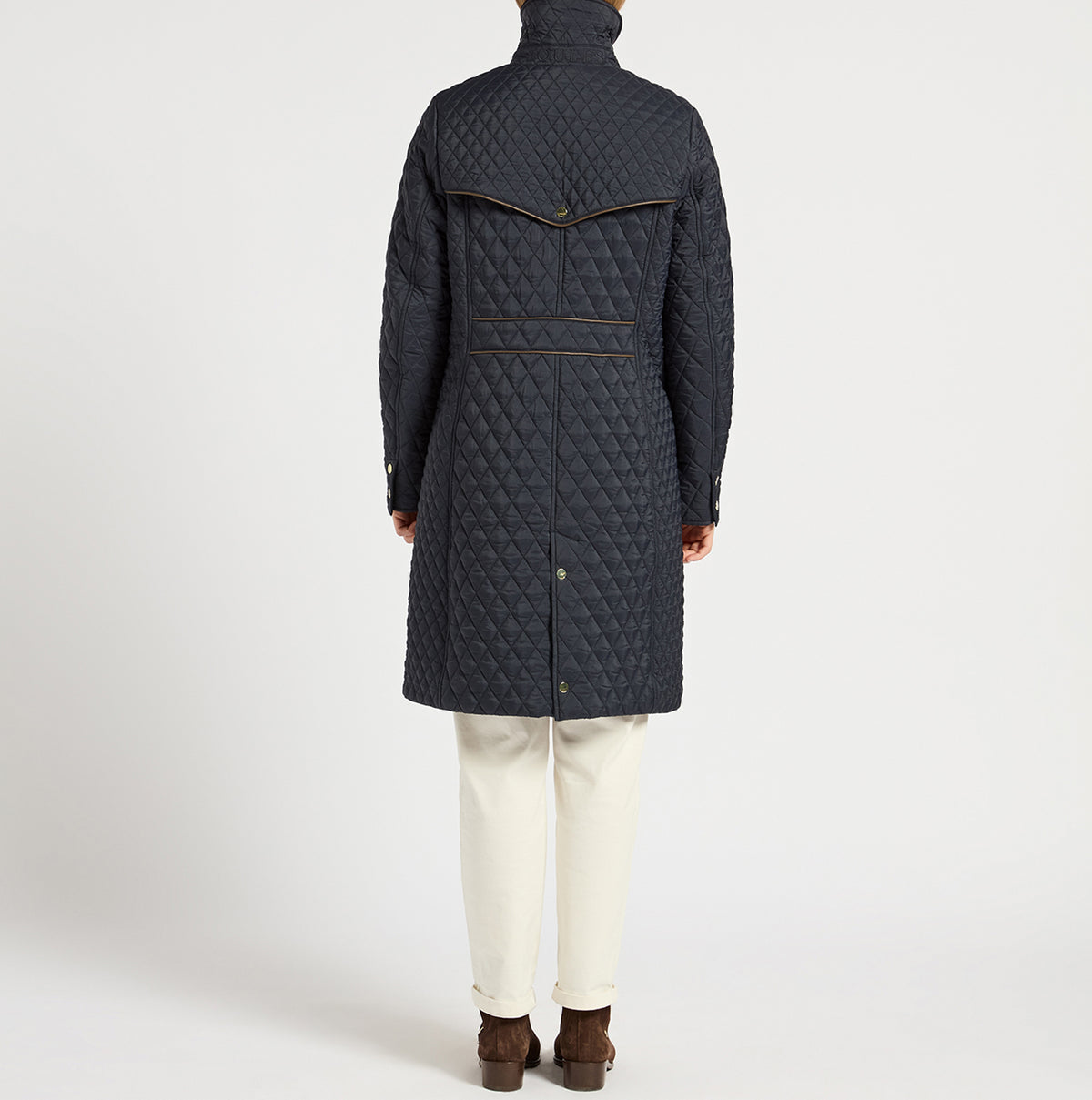 Joules ROSEWELL Longline Quilted Showerproof Coat with Collar Navy back view featuring a button and zip closure, 100% recycled materials.