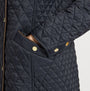Detail view of Joules ROSEWELL Longline Quilted Showerproof Coat with Collar Navy showing pocket and button details.