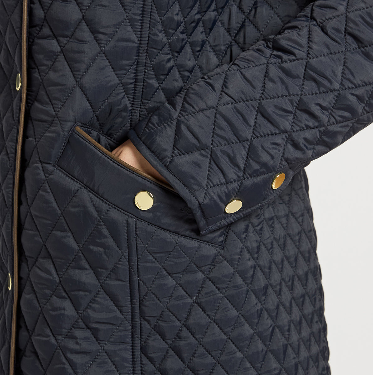 Detail view of Joules ROSEWELL Longline Quilted Showerproof Coat with Collar Navy showing pocket and button details.