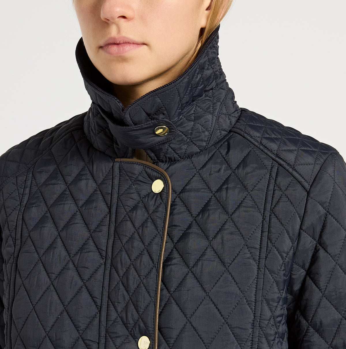 Joules ROSEWELL Longline Quilted Showerproof Coat with Collar Navy detail view showcasing collar and buttons.
