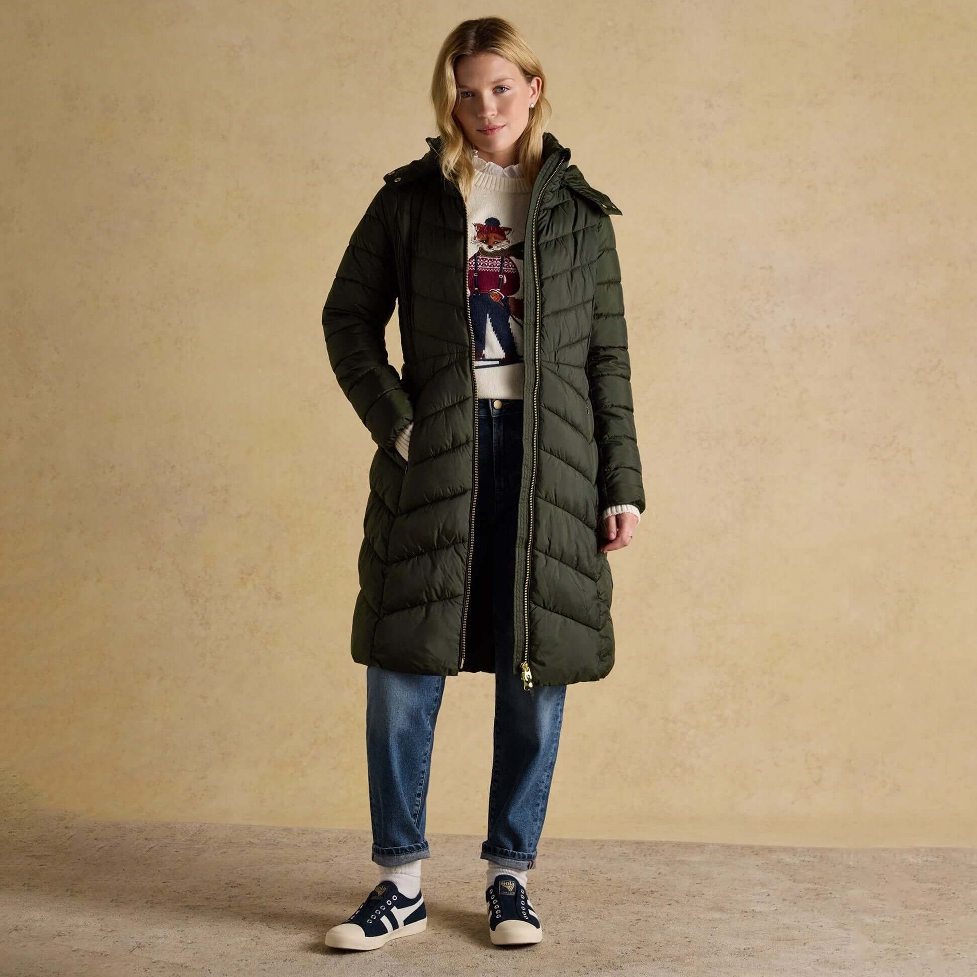 Joules PEMBURY Showerproof Longline Padded Coat with Hood Khaki front view on model, styled with casual outfit.