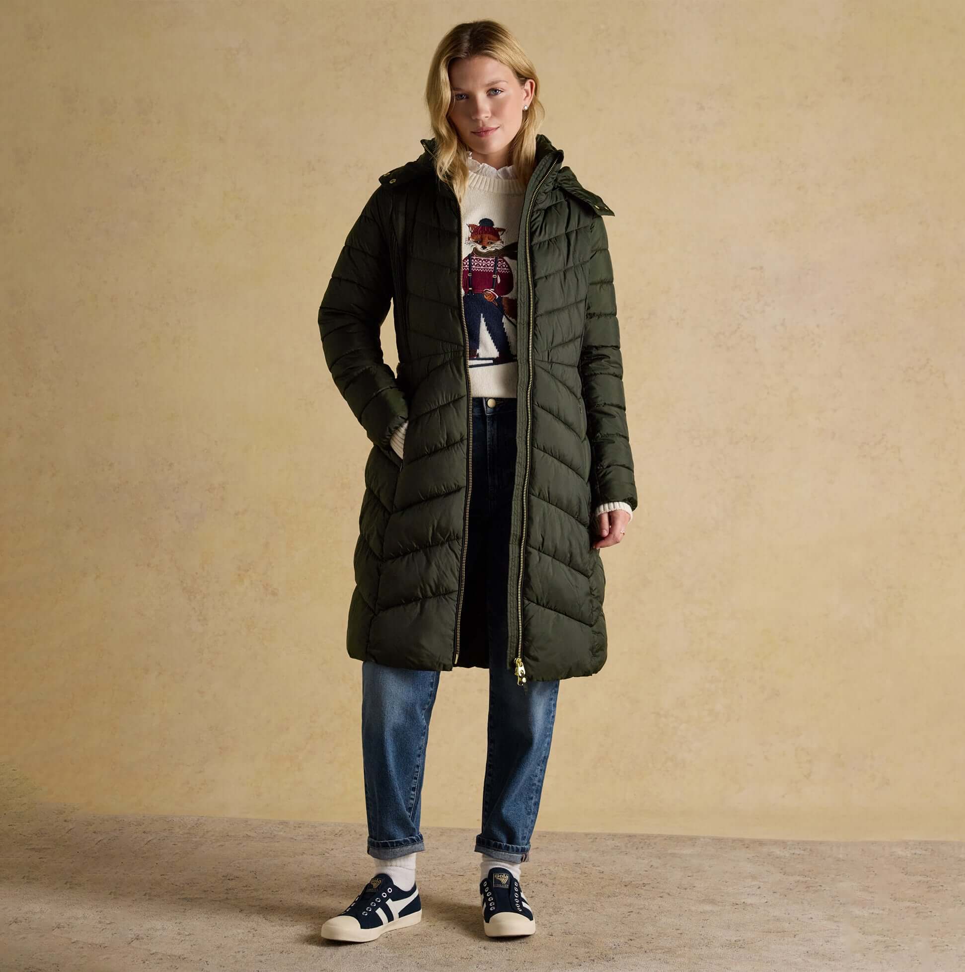 Joules PEMBURY Showerproof Longline Padded Coat with Hood Khaki front view on model, styled with casual outfit.