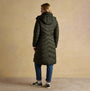 Joules PEMBURY Showerproof Longline Padded Coat with Hood Khaki back view showing quilted design and hood.