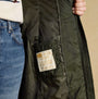 Joules PEMBURY Showerproof Longline Padded Coat with Hood Khaki, detail view of interior label and lining.