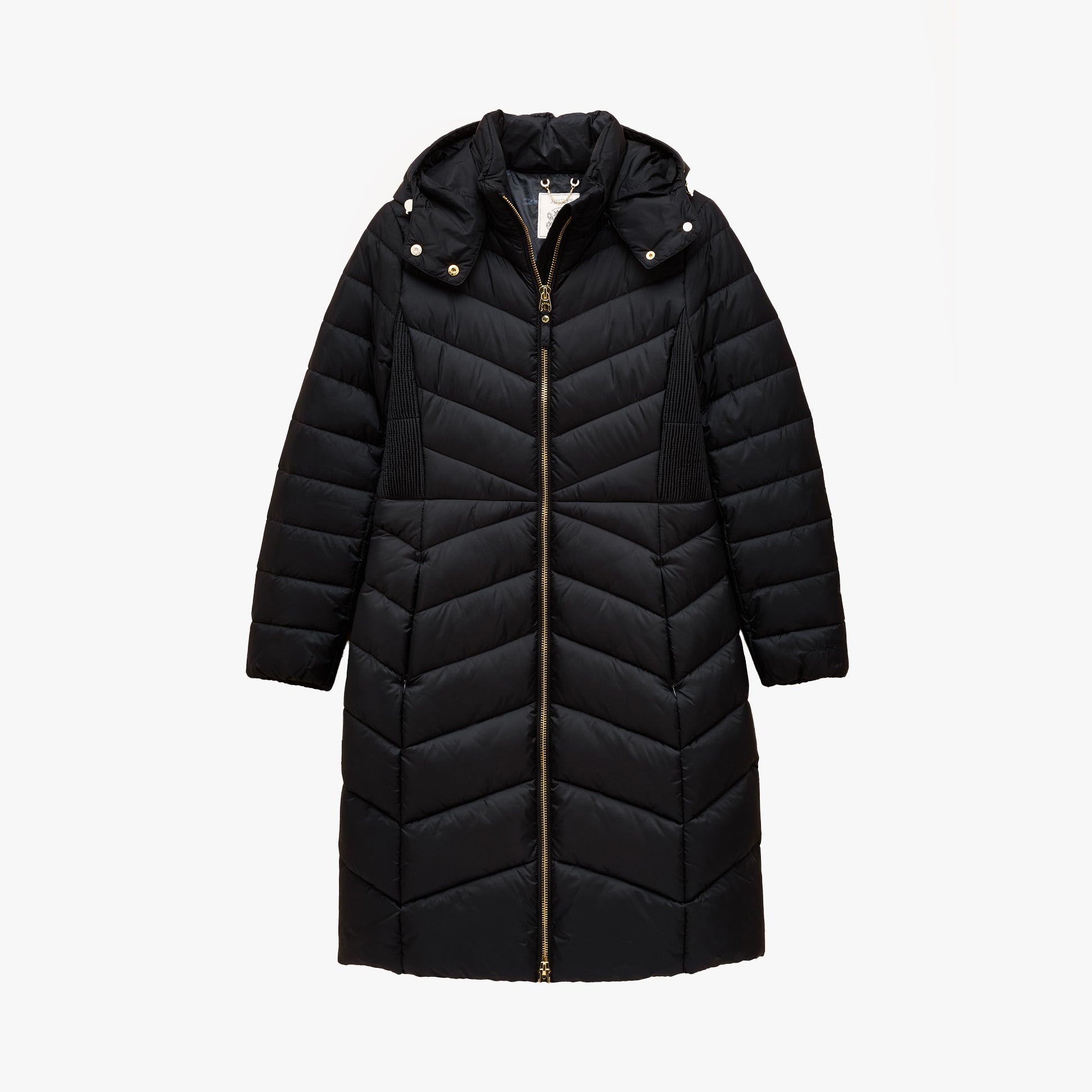 Joules PEMBURY Womens Long Coat Navy front view with zip fastening and hood, made of recycled materials.