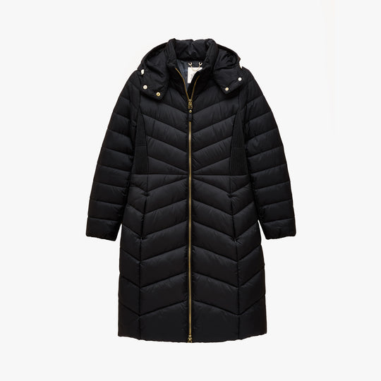 Joules PEMBURY Womens Long Coat Navy front view with zip fastening and hood, made of recycled materials.