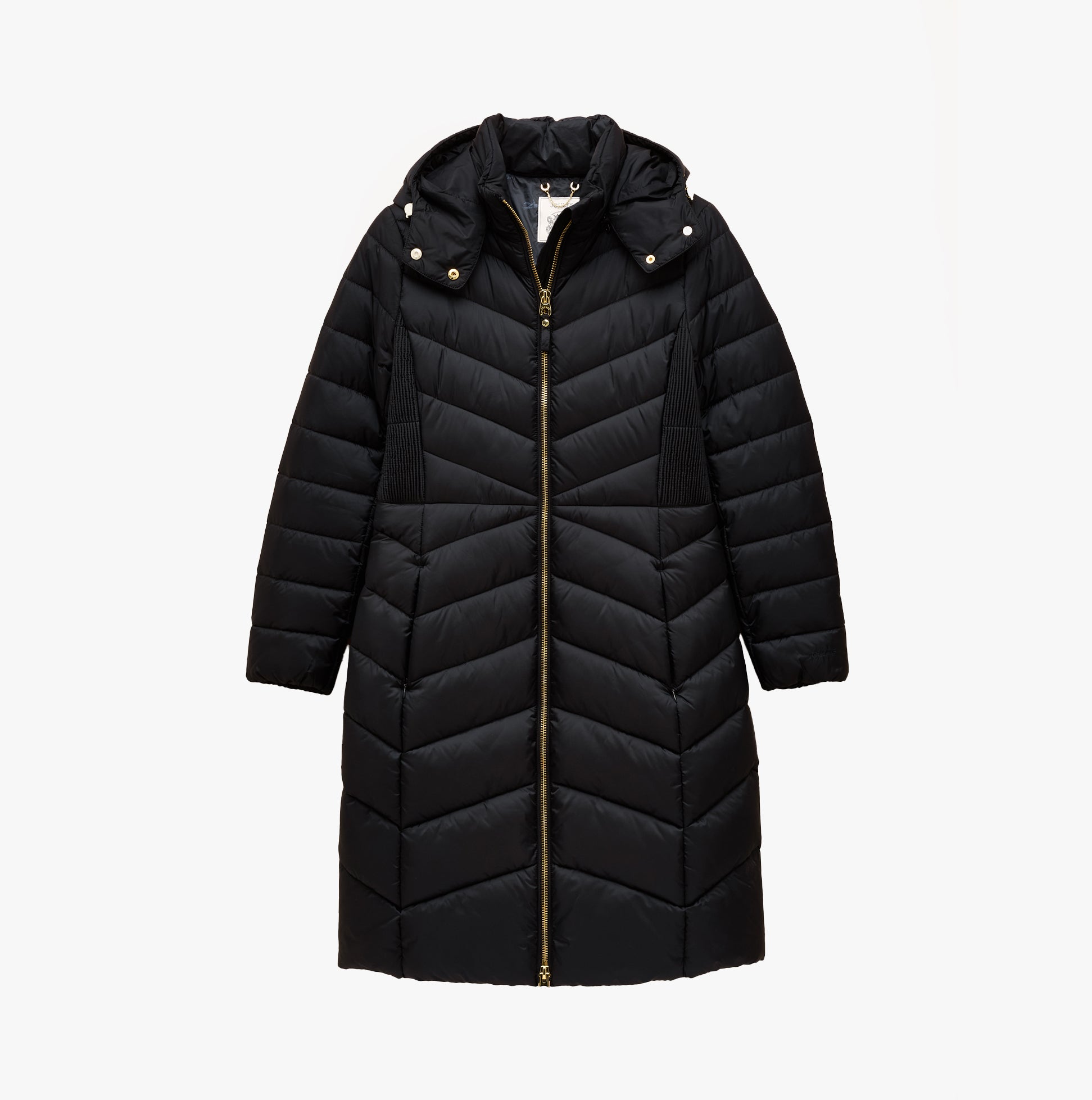 Joules PEMBURY Womens Long Coat Navy front view with zip fastening and hood, made of recycled materials.