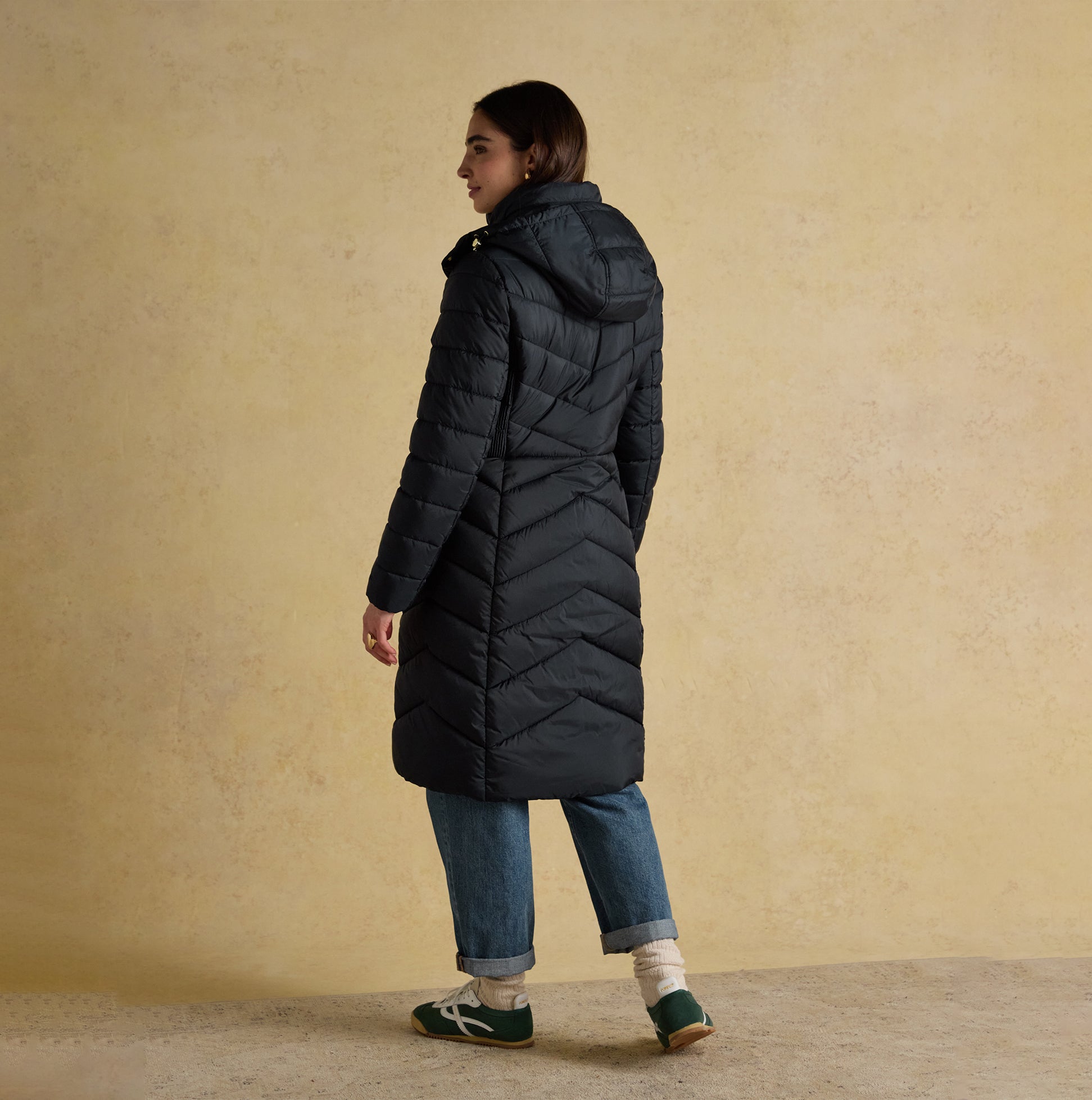 Joules PEMBURY Womens Long Coat Navy back view showcasing water-resistant details and hood.