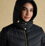 Joules PEMBURY Womens Long Coat Navy, front view with hood, featuring zip closure and recycled materials.