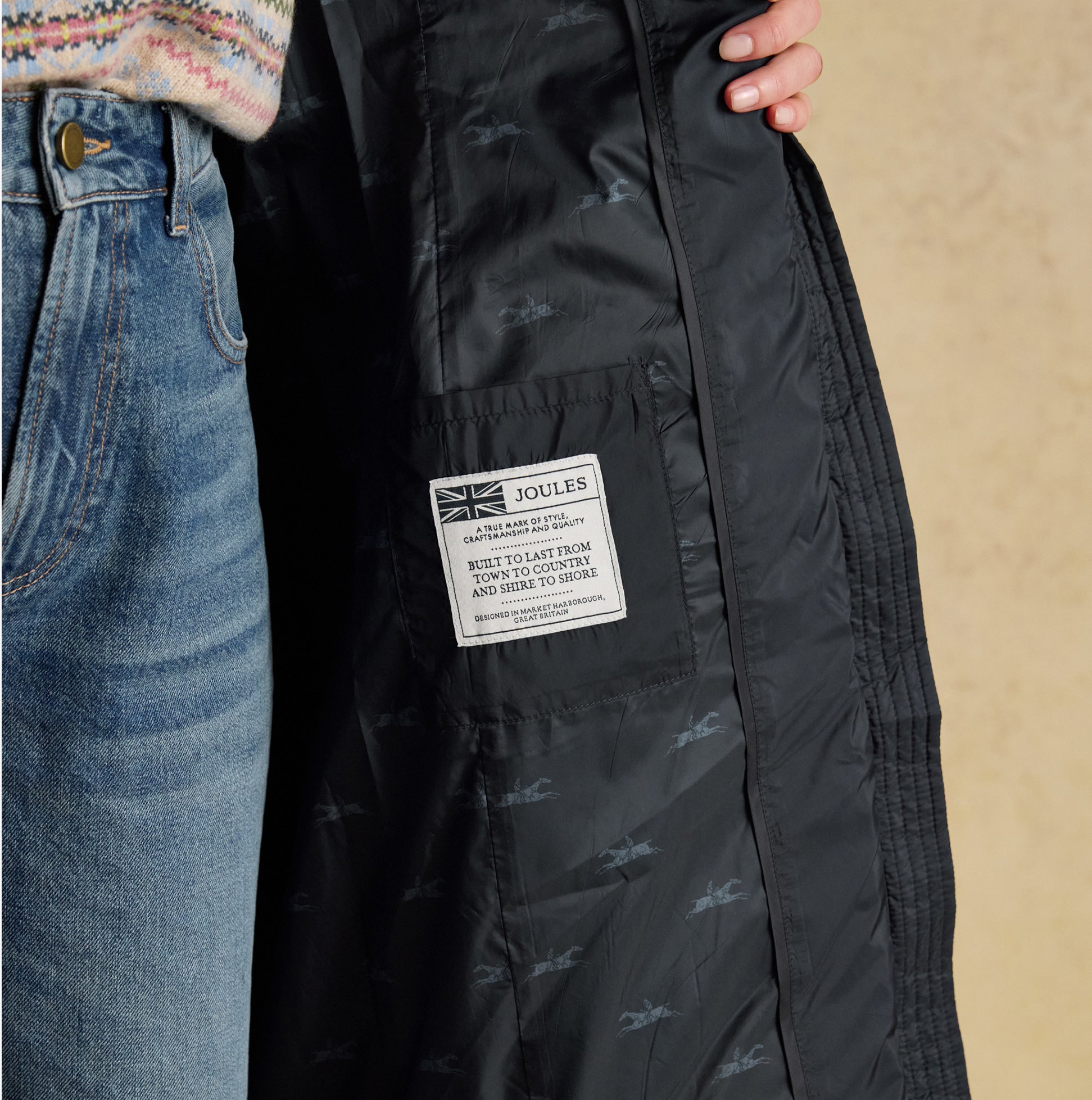 Joules PEMBURY Womens Long Coat Navy inner lining detail view with brand label and texture.