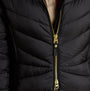 Joules PEMBURY Womens Showerproof Longline Padded Coat with Hood Black detail view showing zip fastening and quilted design.