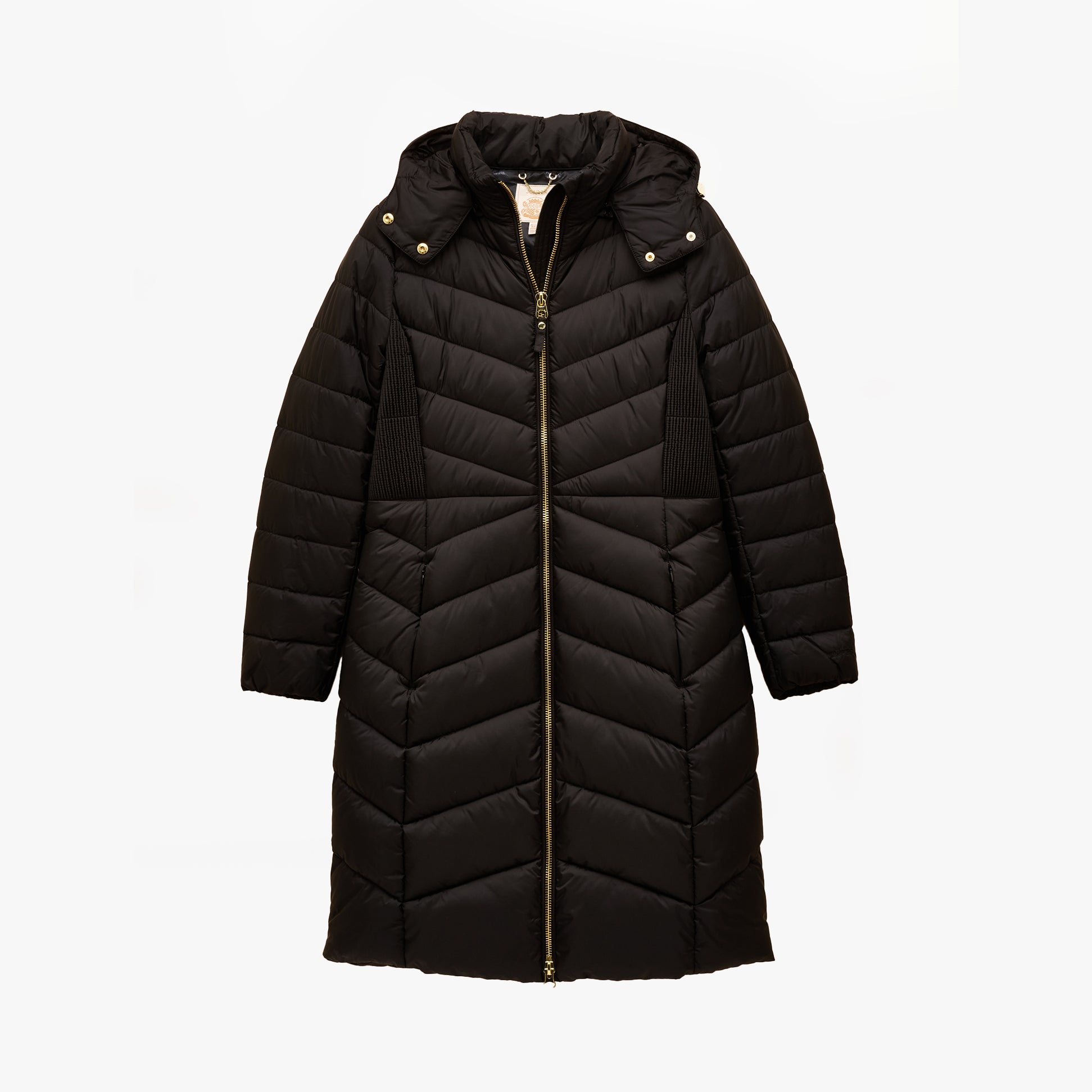 Joules PEMBURY Womens Showerproof Longline Padded Coat with Hood Black front view with zip fastening and long sleeves