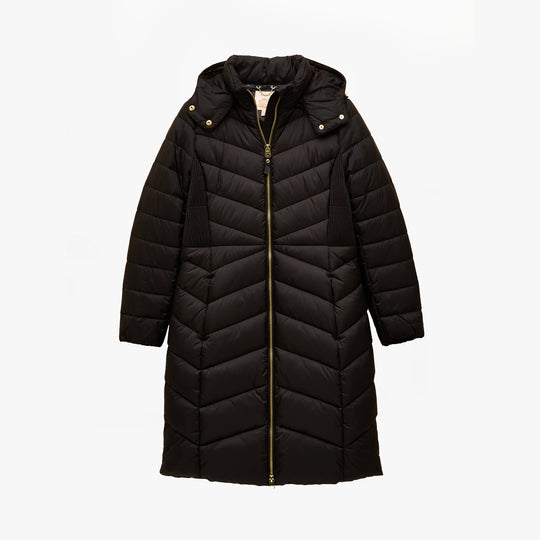 Joules PEMBURY Womens Showerproof Longline Padded Coat with Hood Black front view with zip fastening and long sleeves