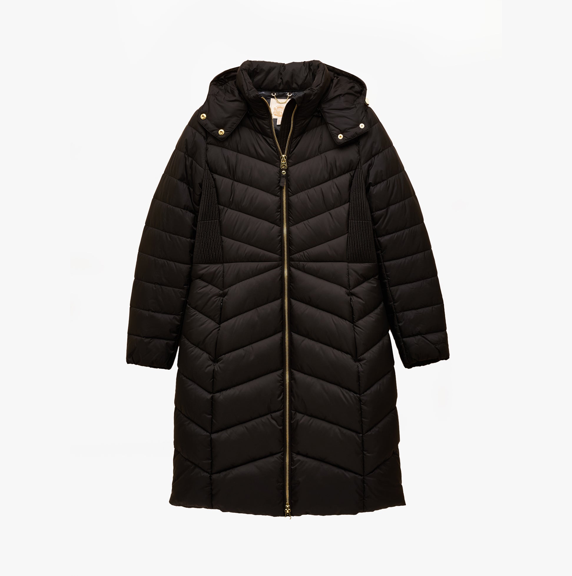 Joules PEMBURY Womens Showerproof Longline Padded Coat with Hood Black front view with zip fastening and long sleeves