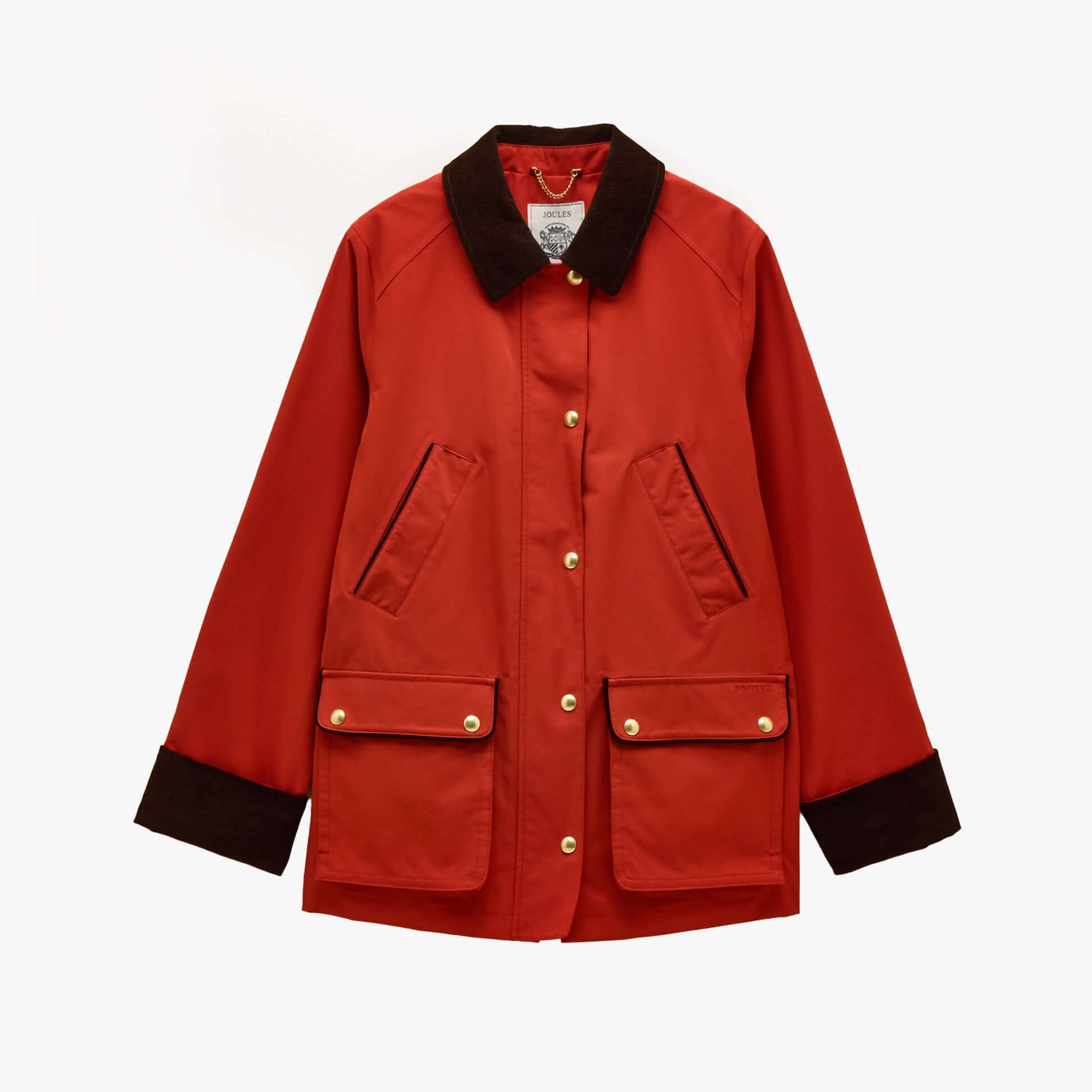 Joules KATHERINE Waterproof Heritage Coat Burnt Orange front view with button and zip closure, featuring pockets.