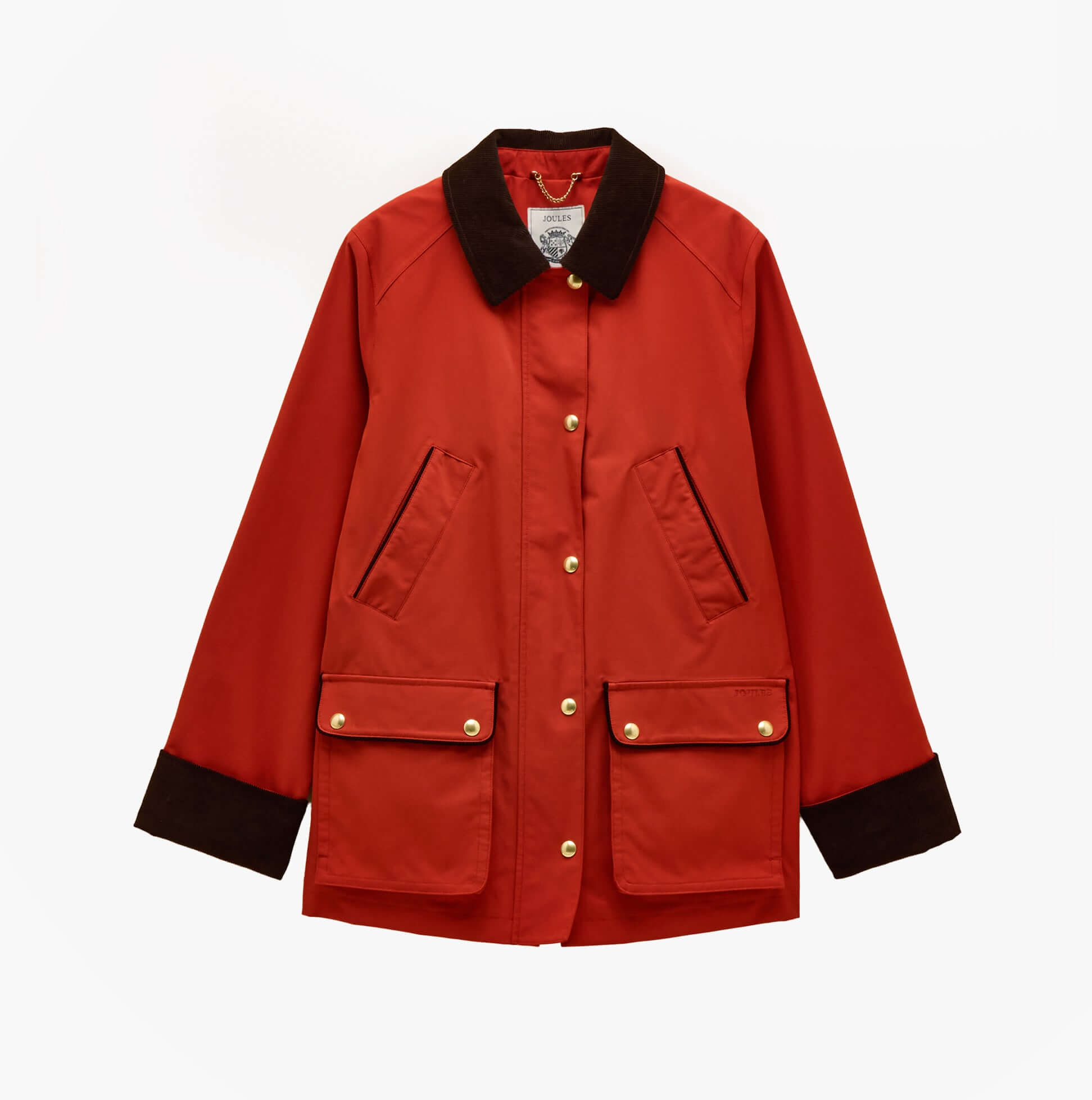 Joules KATHERINE Waterproof Heritage Coat Burnt Orange front view with button and zip closure, featuring pockets.