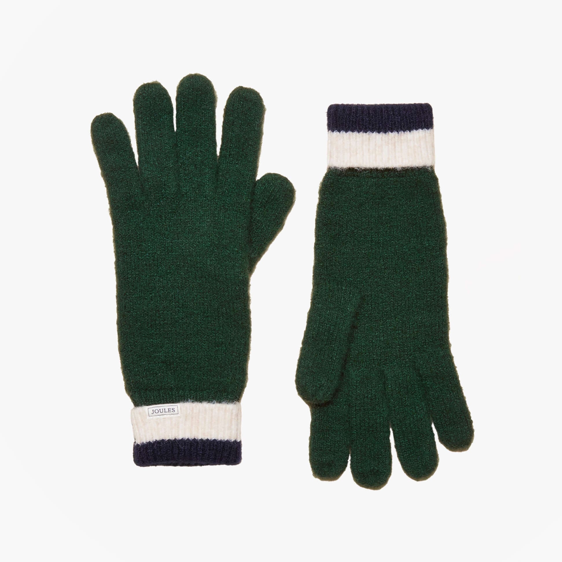 Joules POPLEY STRIPE Womens Gloves Green/Navy front view showing green and navy gloves with ribbed cuffs.