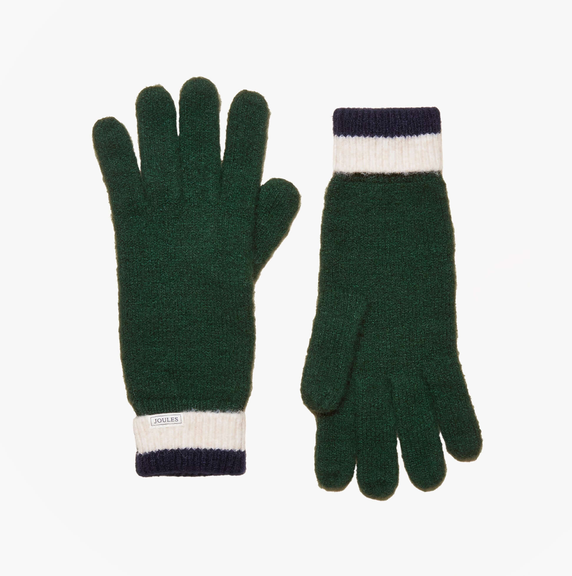 Joules POPLEY STRIPE Womens Gloves Green/Navy front view showing green and navy gloves with ribbed cuffs.