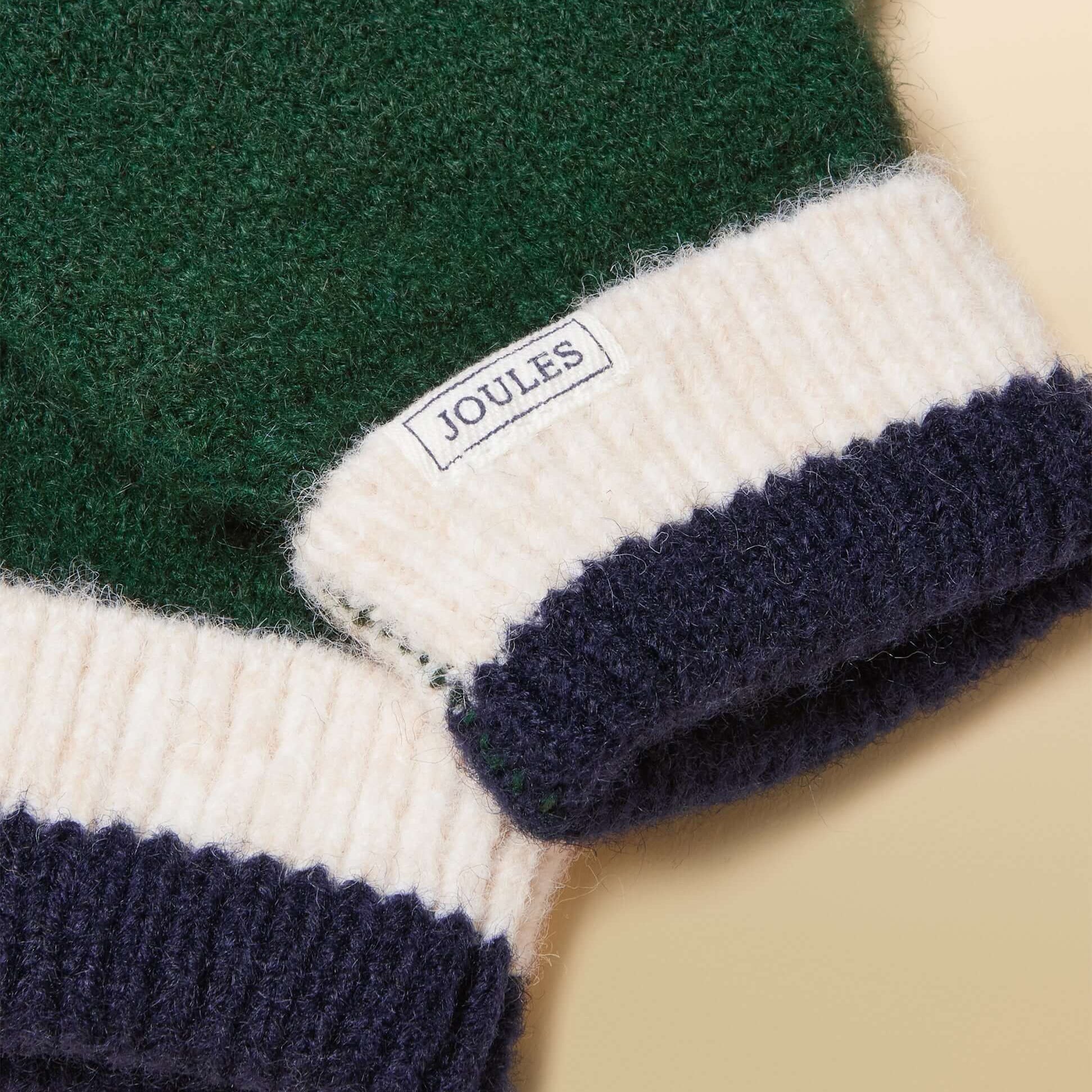Joules POPLEY STRIPE Womens Gloves Green/Navy detail view showcasing the fabric texture and brand label.
