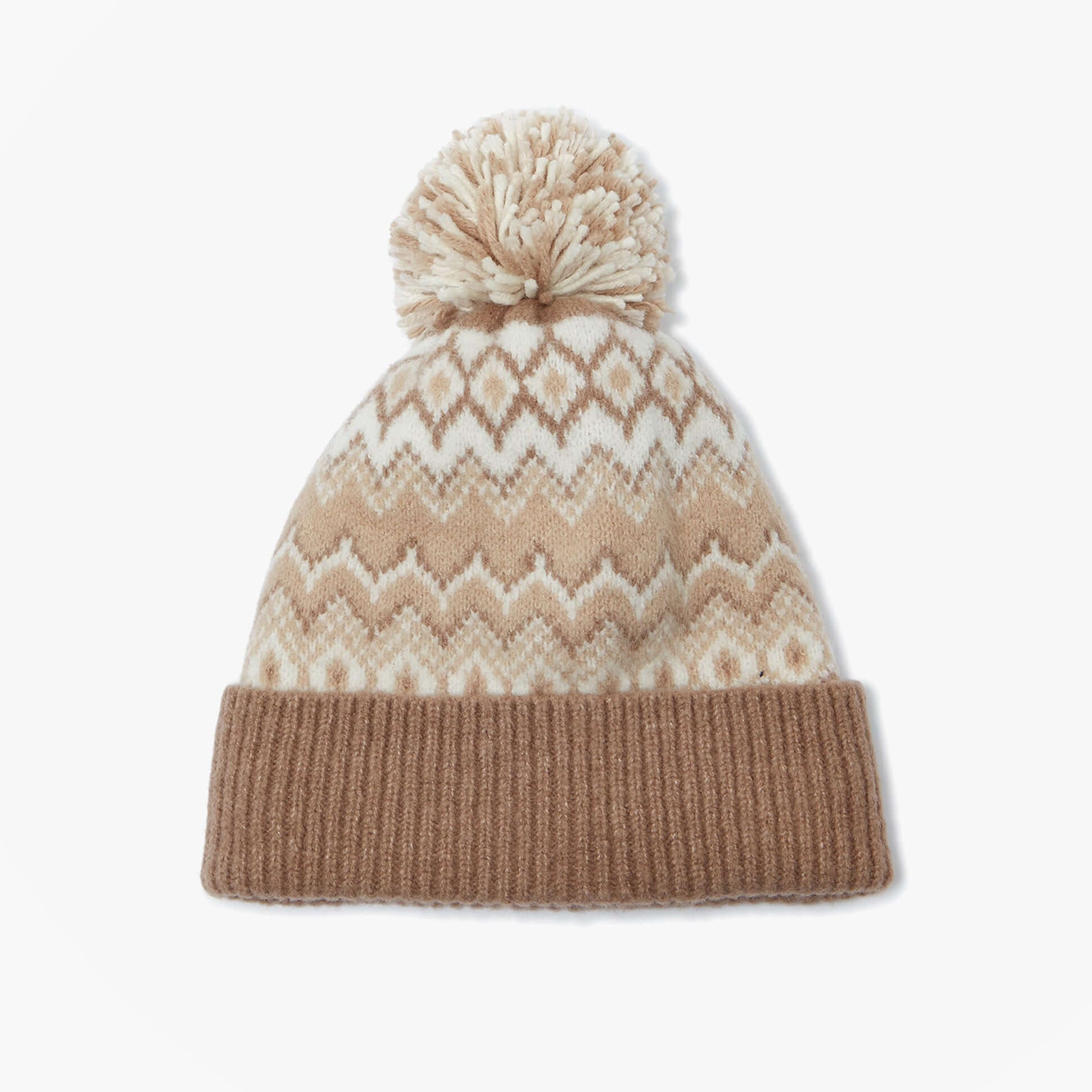 Joules KARA BOBBLE Womens Bobble Neutral front view of knitted beanie with pom-pom detail in neutral tones.