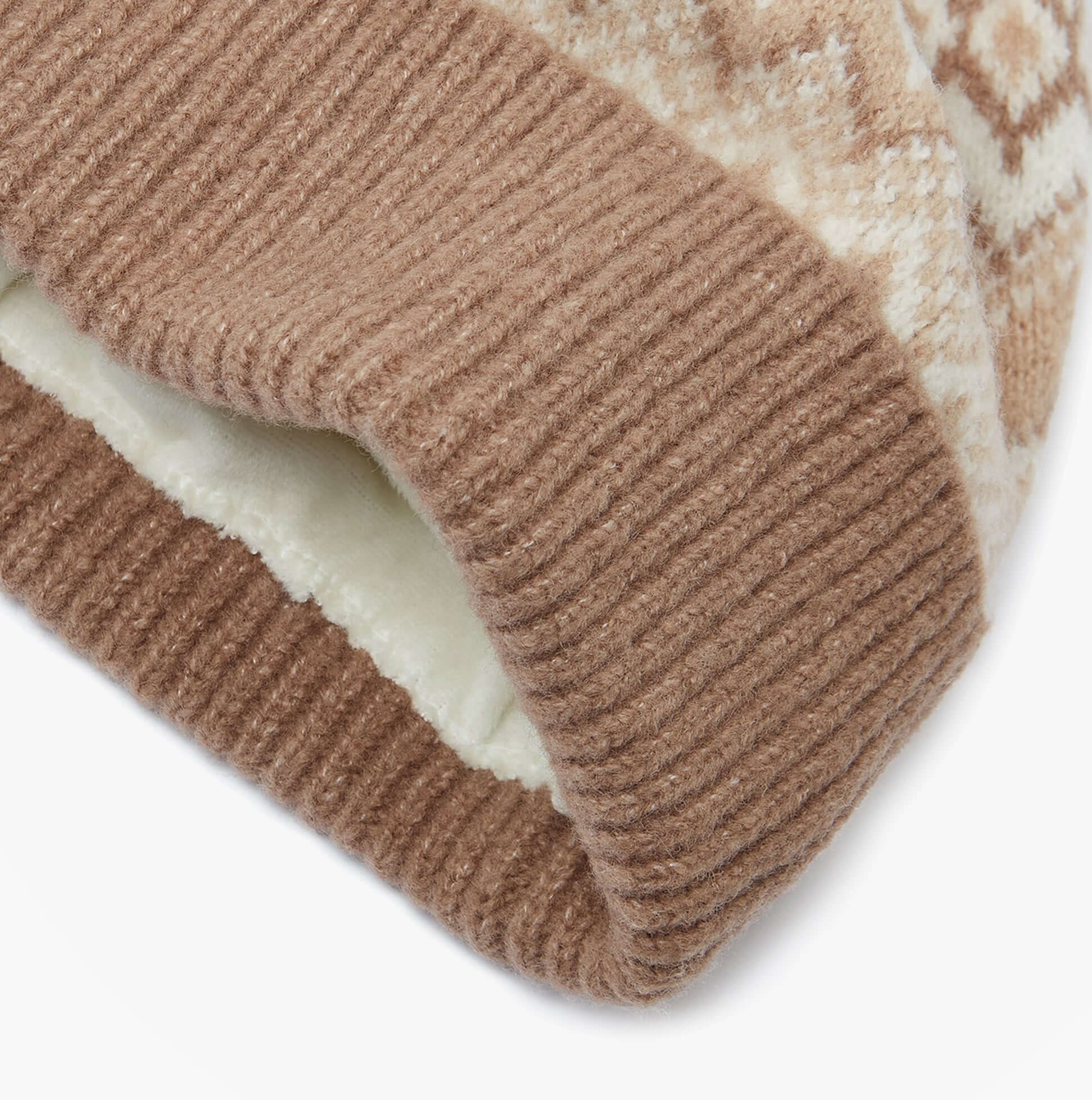 Joules KARA BOBBLE Womens Bobble Neutral detail view of the cozy beanie's cuff with textured fabric.