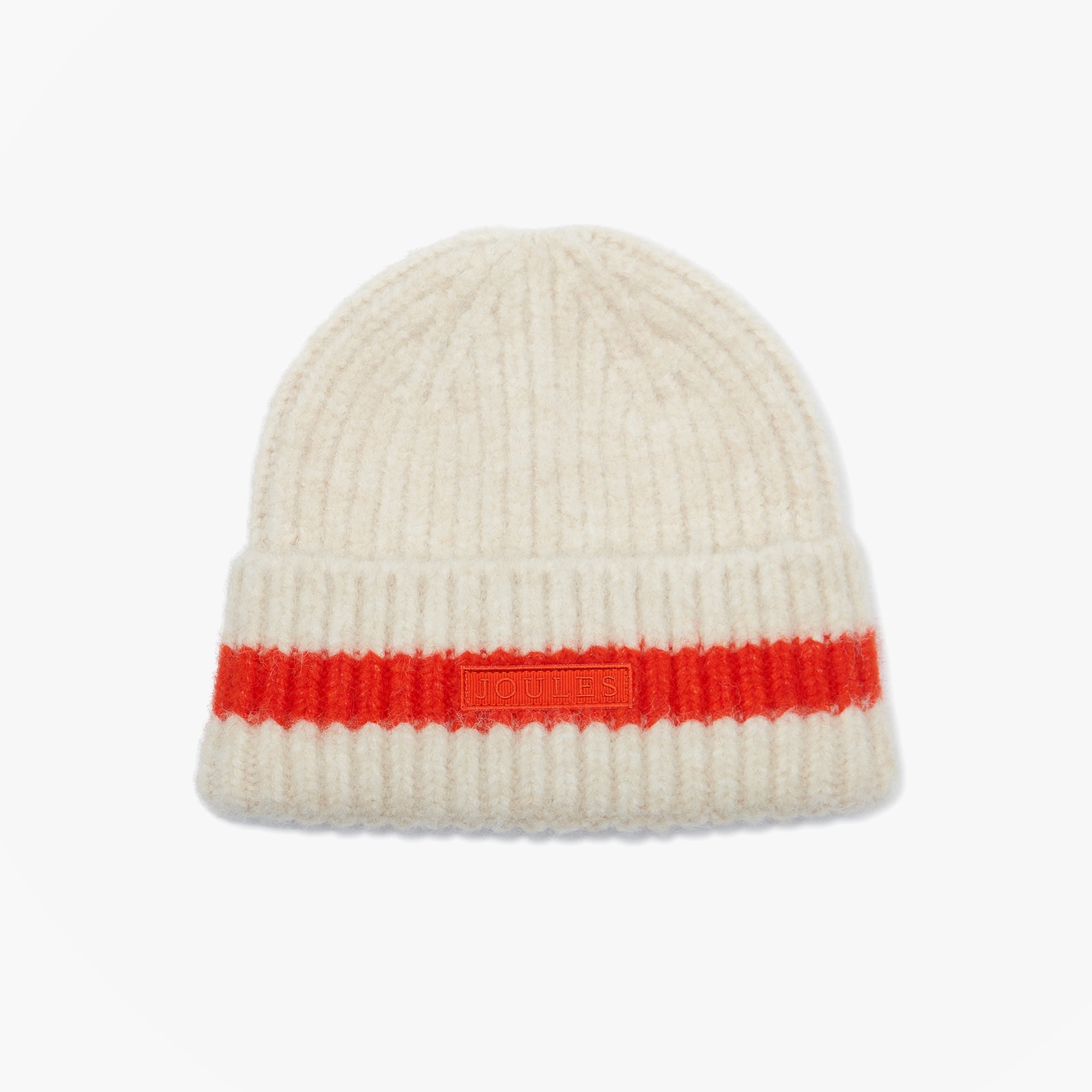 Joules POPLEY STRIPE Womens Beanie Orange/Neutral front view featuring a white base with orange stripe and logo detail.