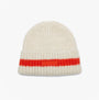 Joules POPLEY STRIPE Womens Beanie Orange/Neutral front view featuring a white base with orange stripe and logo detail.