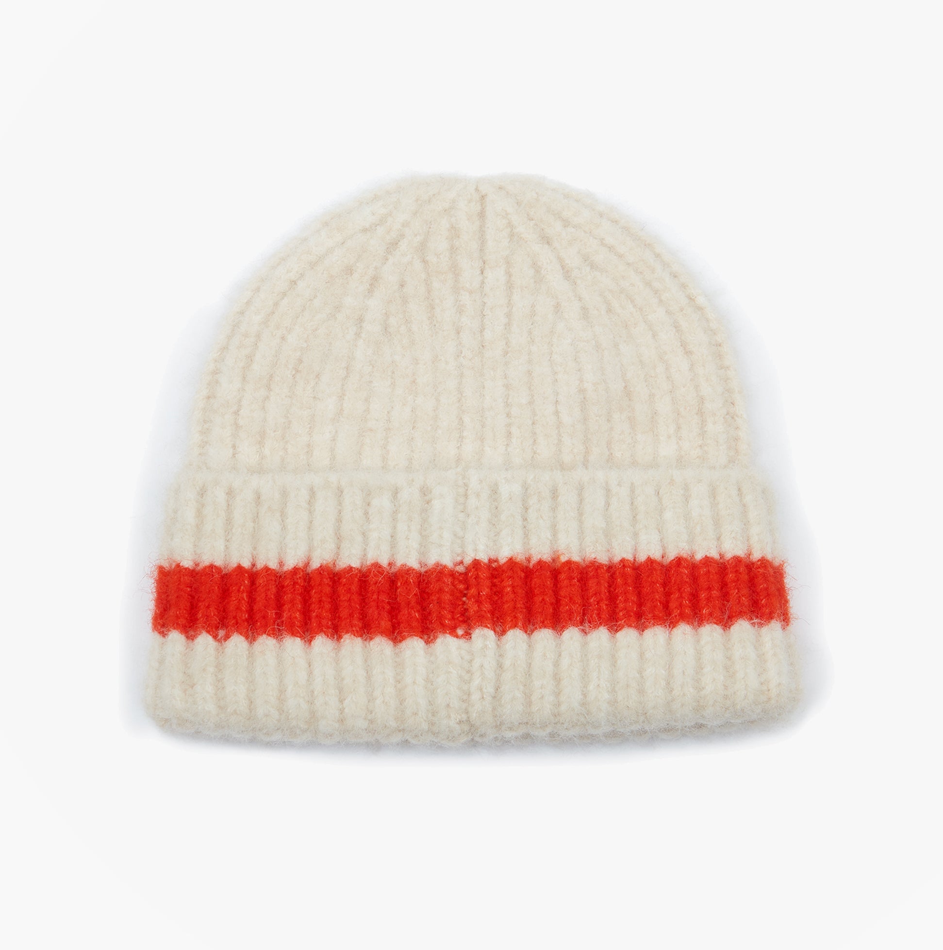 Joules POPLEY STRIPE Womens Beanie Orange/Neutral top view showcasing the orange stripe detail on a cream background.