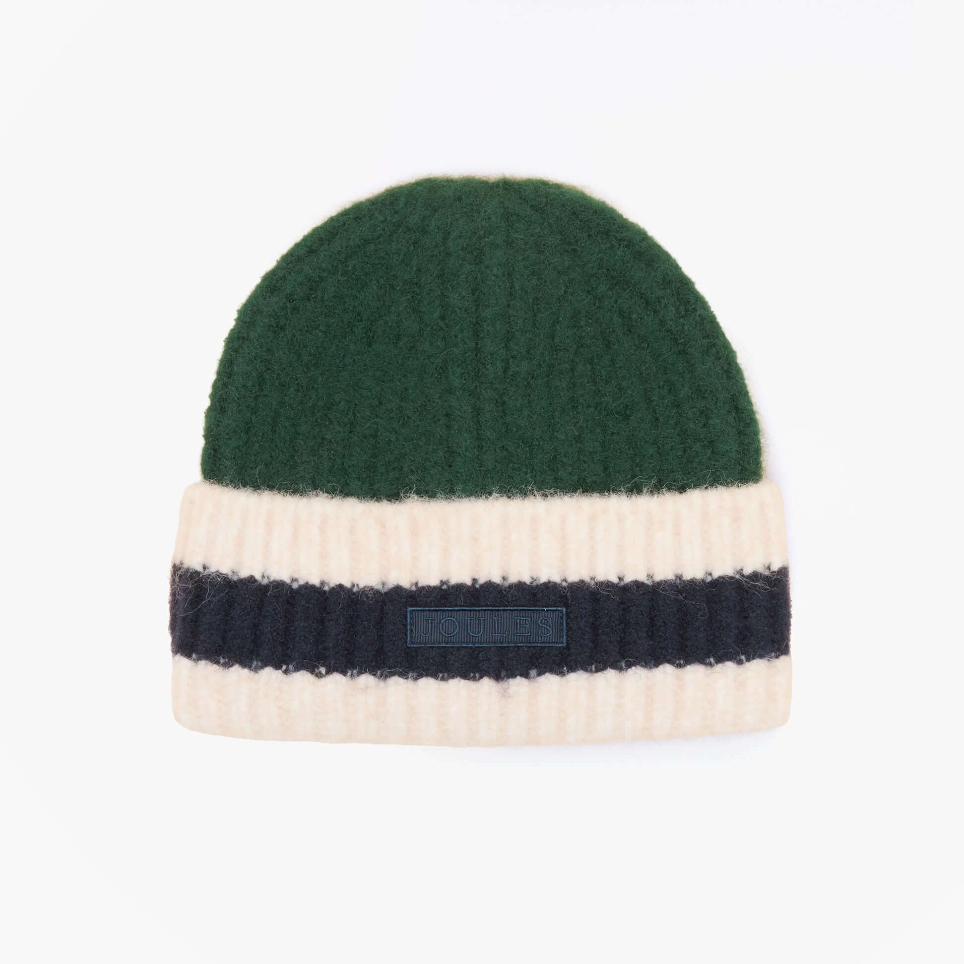Joules POPLEY STRIPE Womens Beanie Green/Blue top view with green and cream stripes