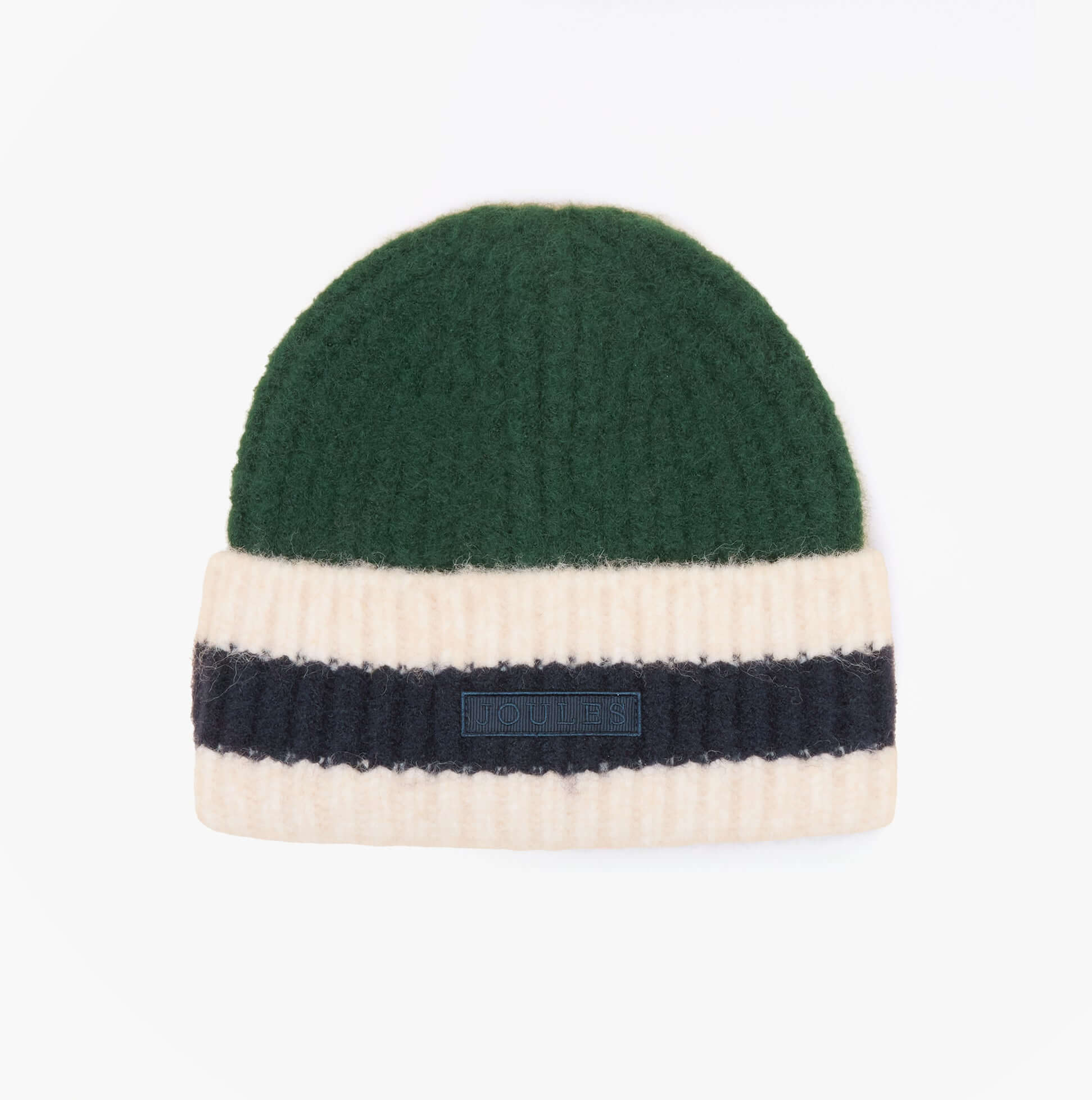 Joules POPLEY STRIPE Womens Beanie Green/Blue top view with green and cream stripes