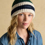 Joules POPLEY STRIPE Womens Beanie Green/Blue front view on model with light background.