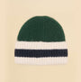 Joules POPLEY STRIPE Womens Beanie Green/Blue top view showcasing green, cream, and navy stripes.