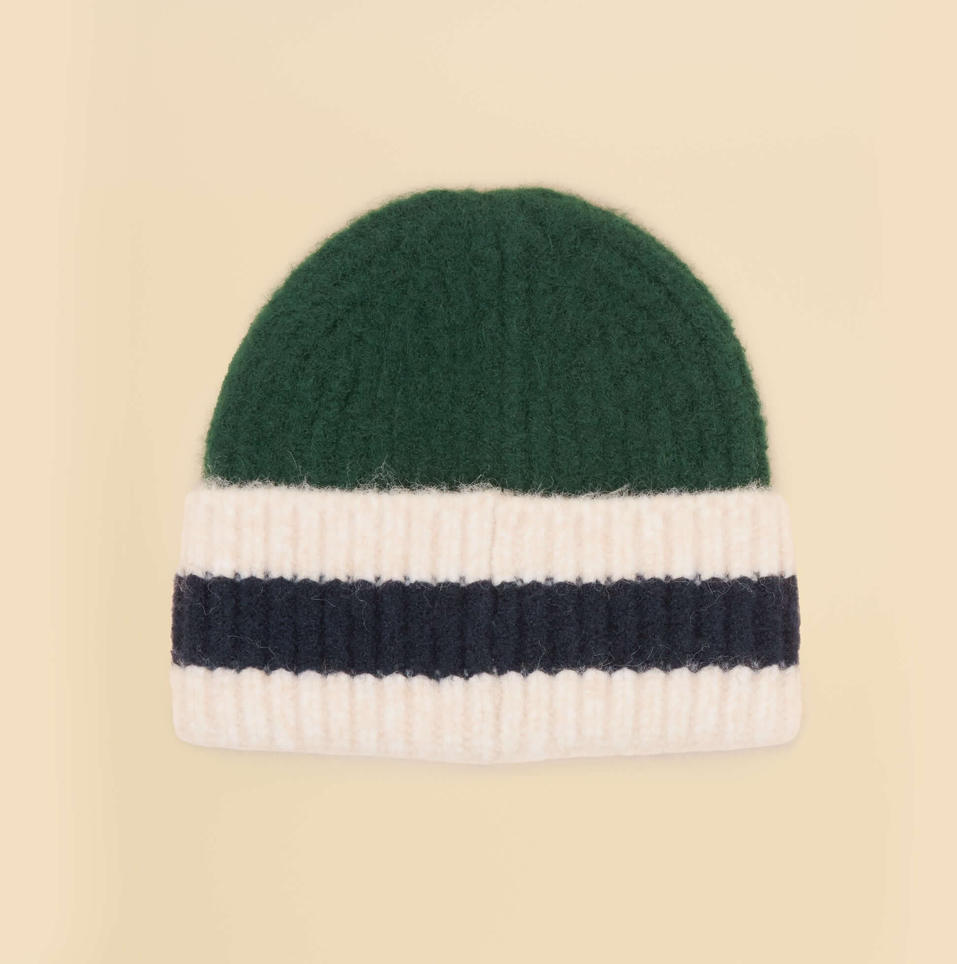 Joules POPLEY STRIPE Womens Beanie Green/Blue top view showcasing green, cream, and navy stripes.