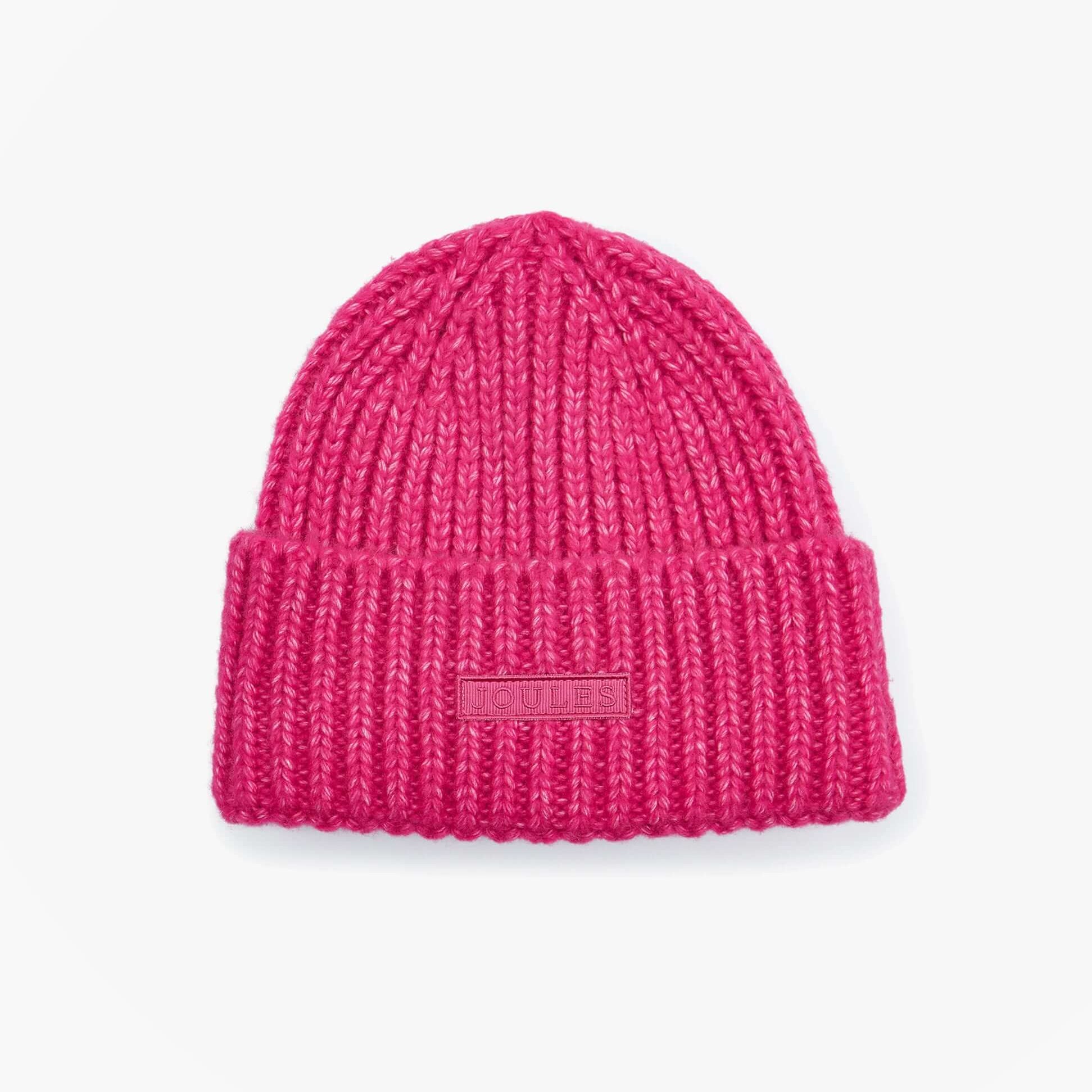 Joules ROSA Womens Beanie Pink top view, knitted design showcasing vibrant pink color and brand logo.